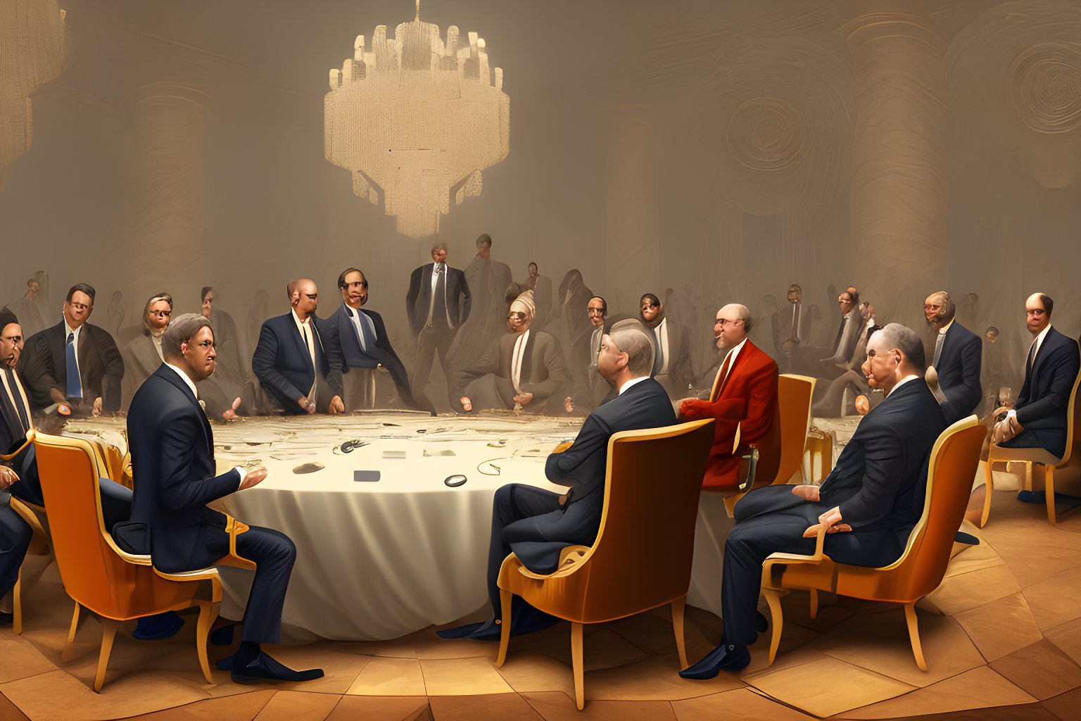 mdjrny-v4 style CEOs of major tech companies, with clear faces, sitting around a big round table, in a mansion, CEOs have ominous look, some are wearing cult clothing