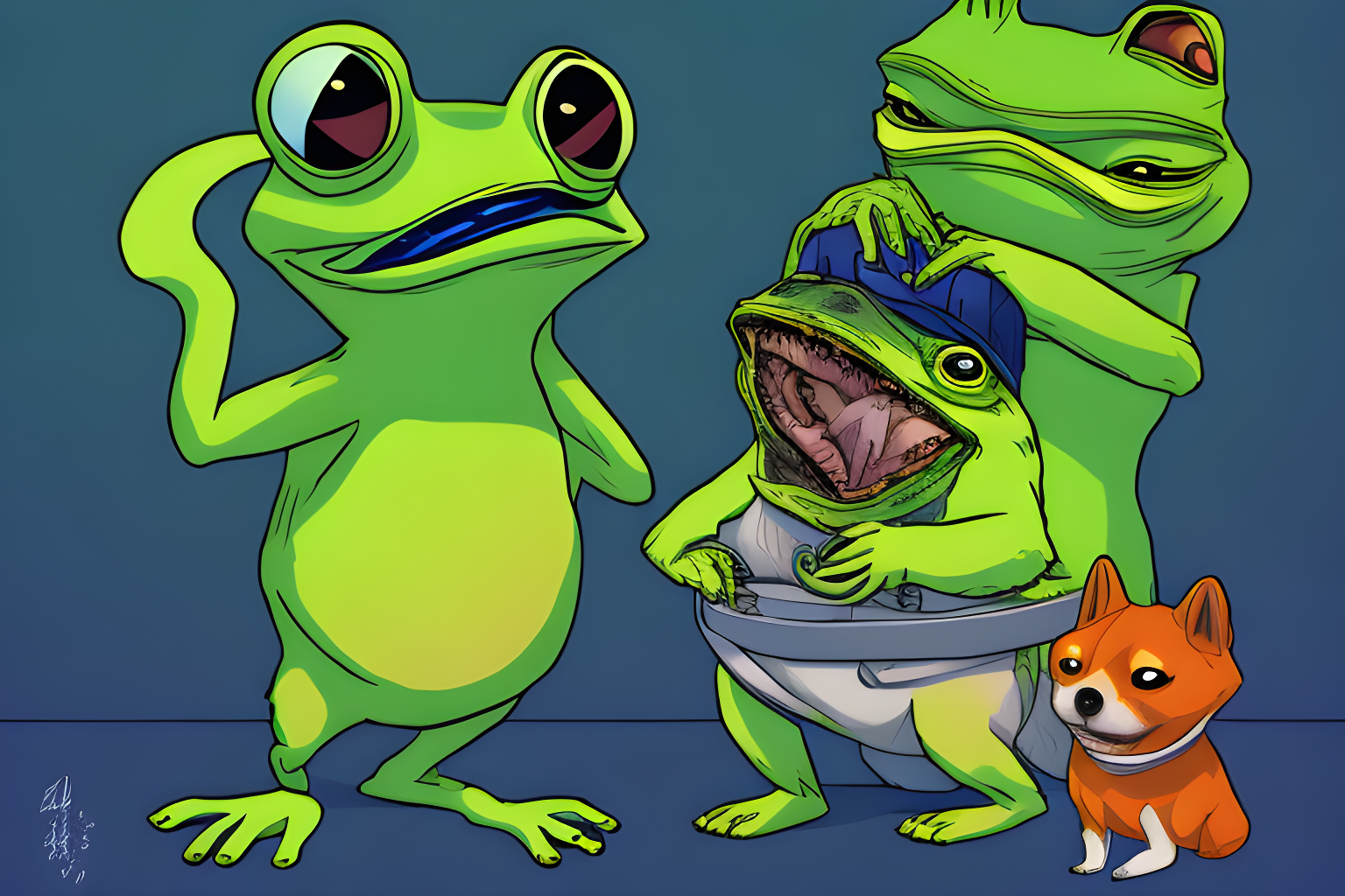 mdjrny-v4 style pepe the frog beating up a shiba inu doge