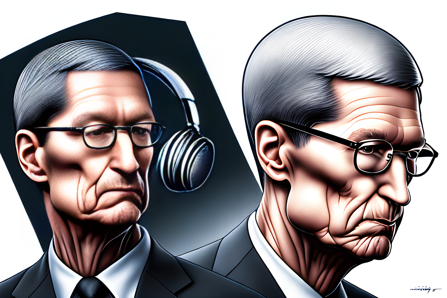 mdjrny-v4 style Tim cook crying in his office