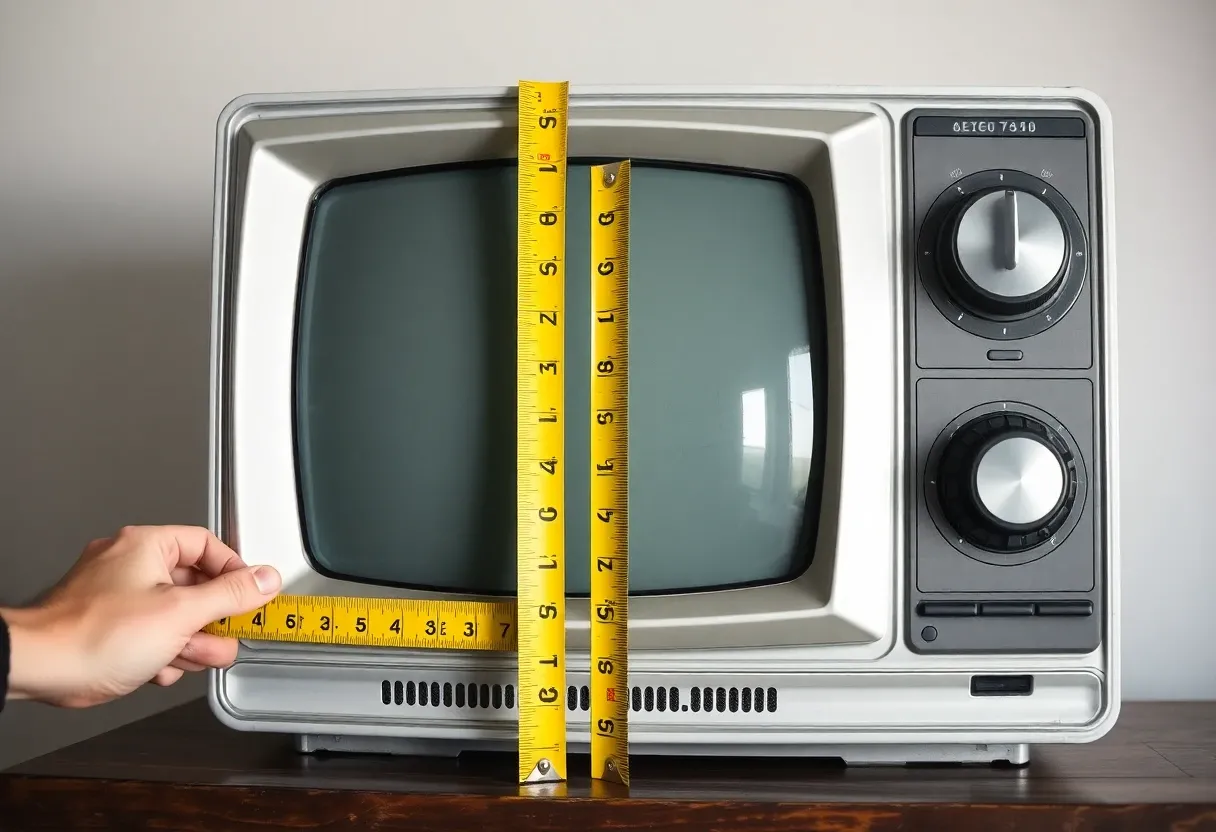 measuring an old school tv with a tape measure