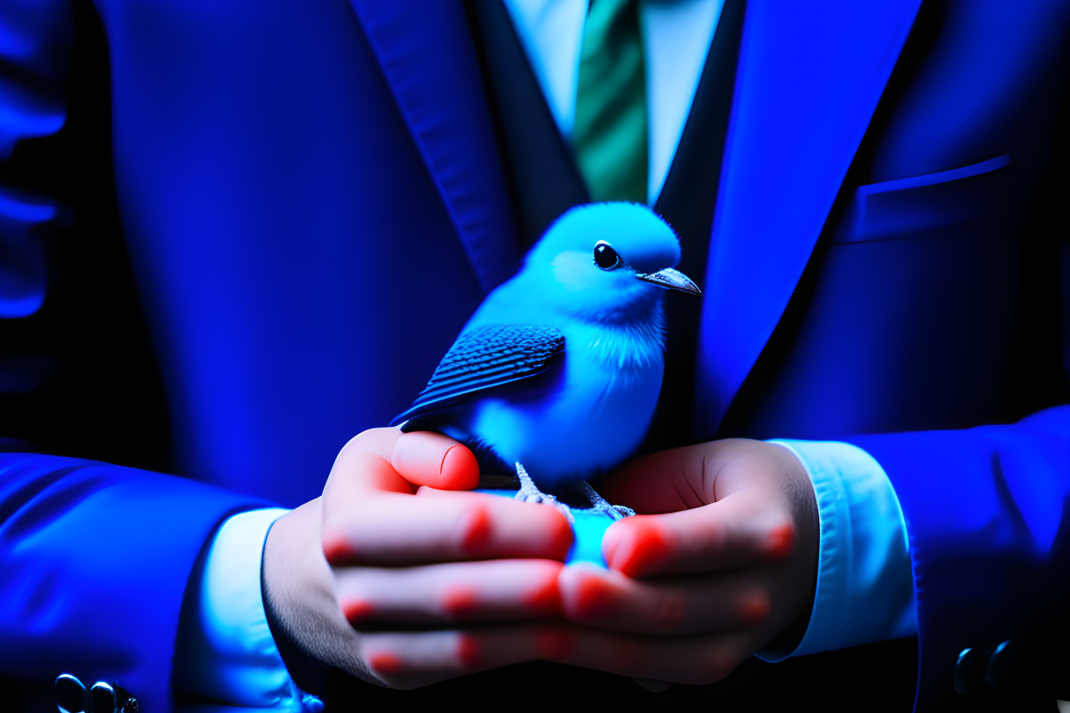 men in suits protecting a small blue bird