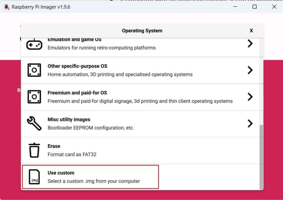 RPI imager. Operating system selection