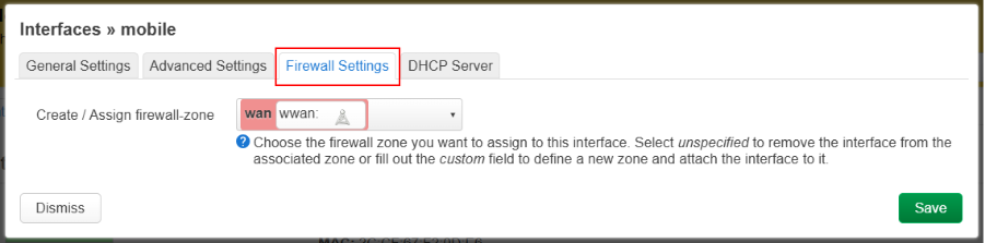 Mobile interface firewall settings