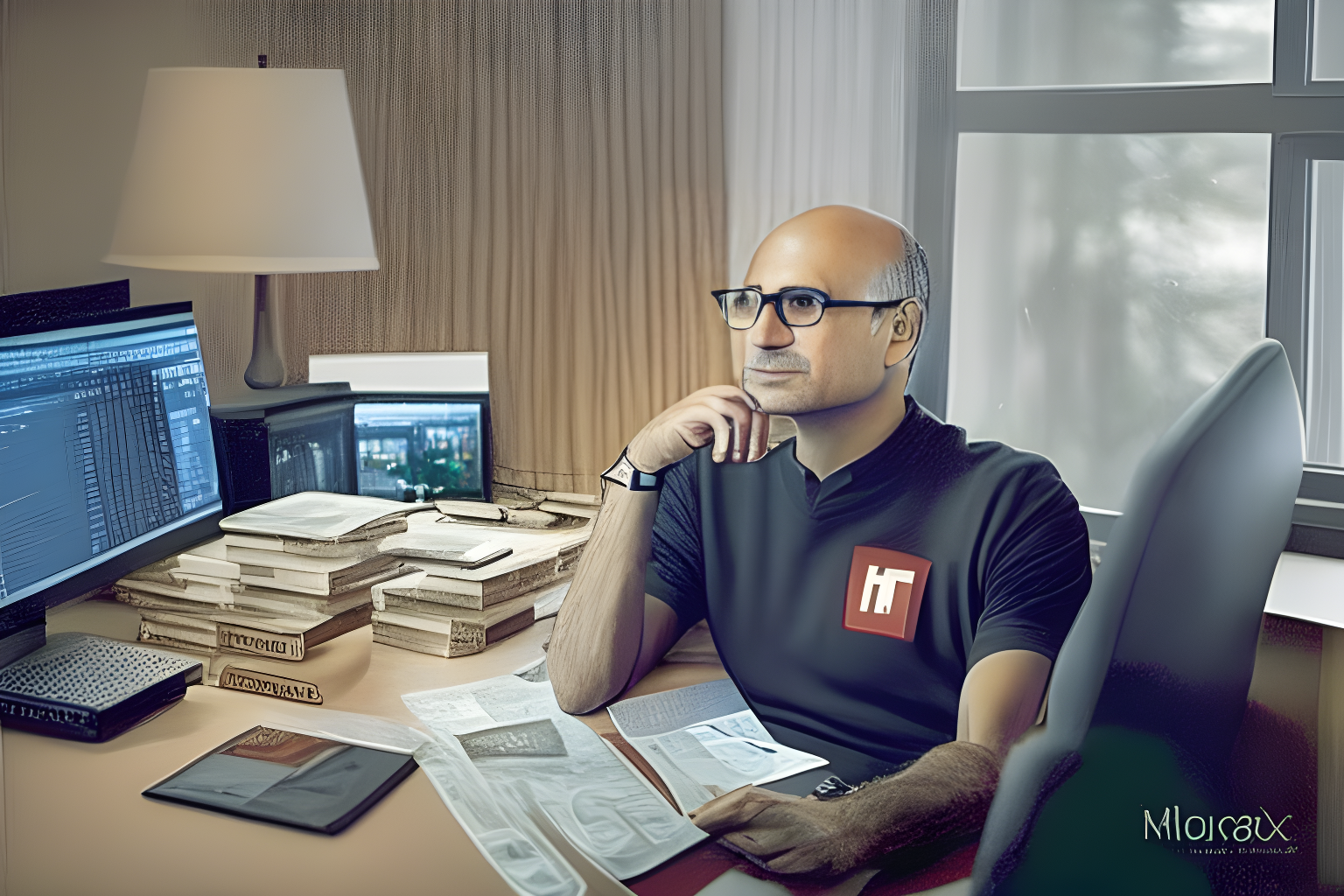 microsoft, CEO Satya Nadella, counting dollars, in his office