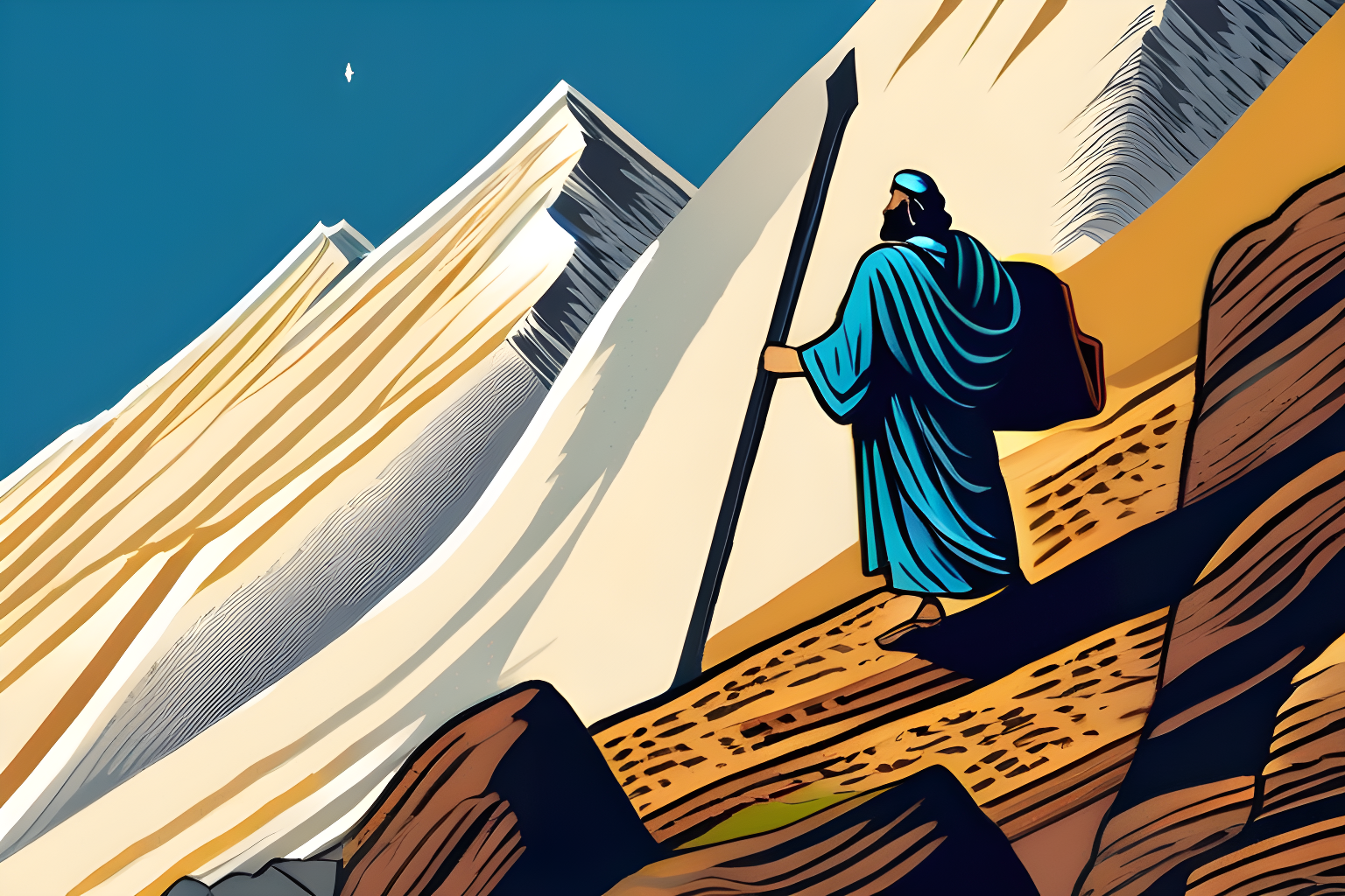 Moses carrying the ten commandments down a mountain