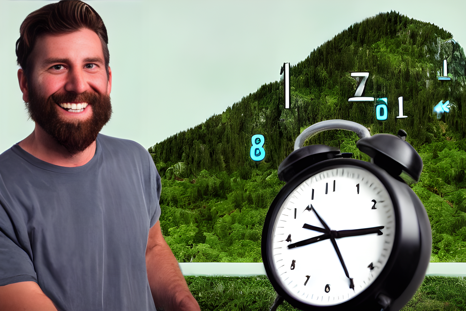 mountain man takes zoom call in front of green pixelated clock. three percent of those watching go on to start uber successful saas companies