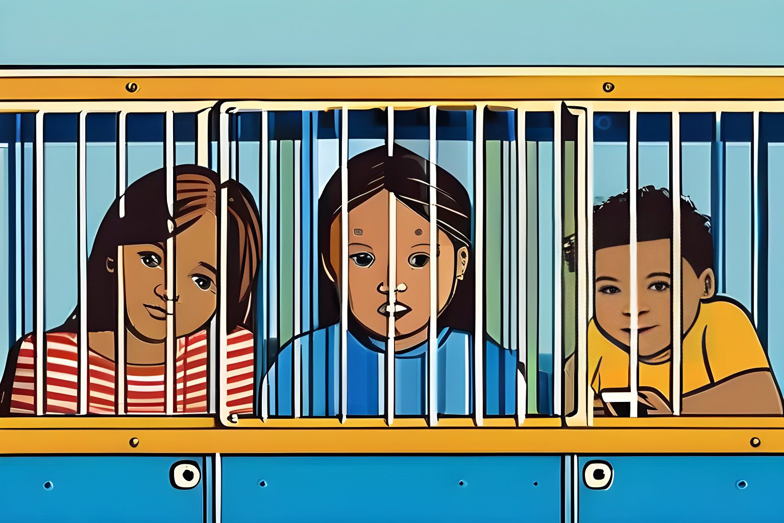 Multiple children in a blue cage, staring at smartphones.
