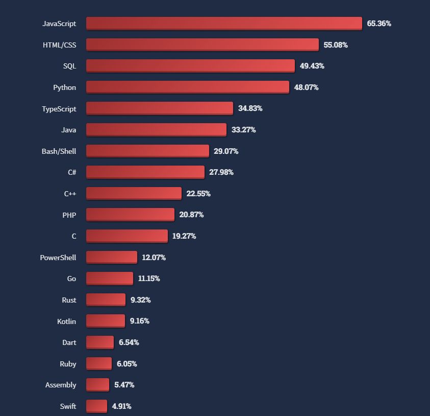 List of 20 most popular programming languages 2022.