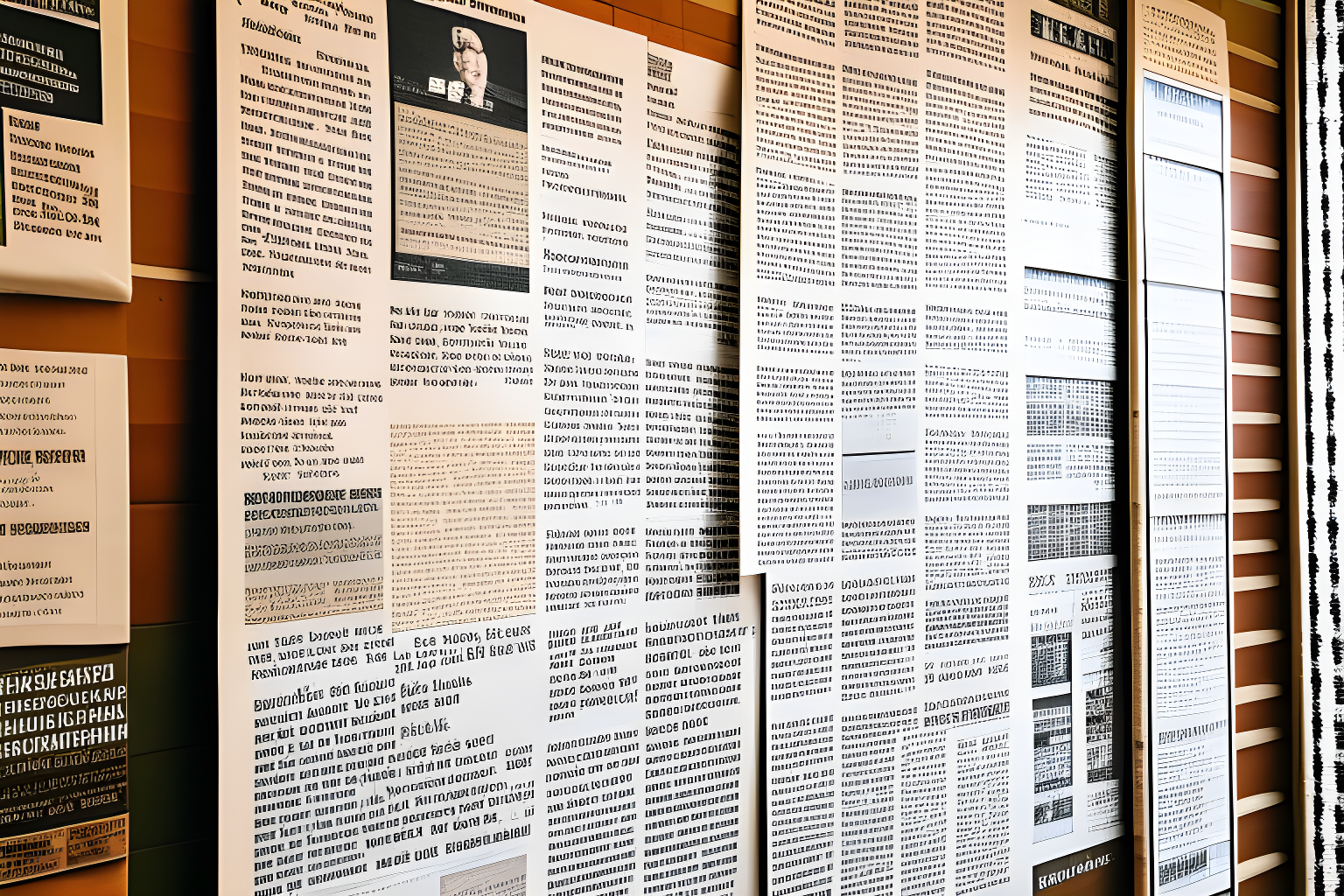 newspaper clippings on wall