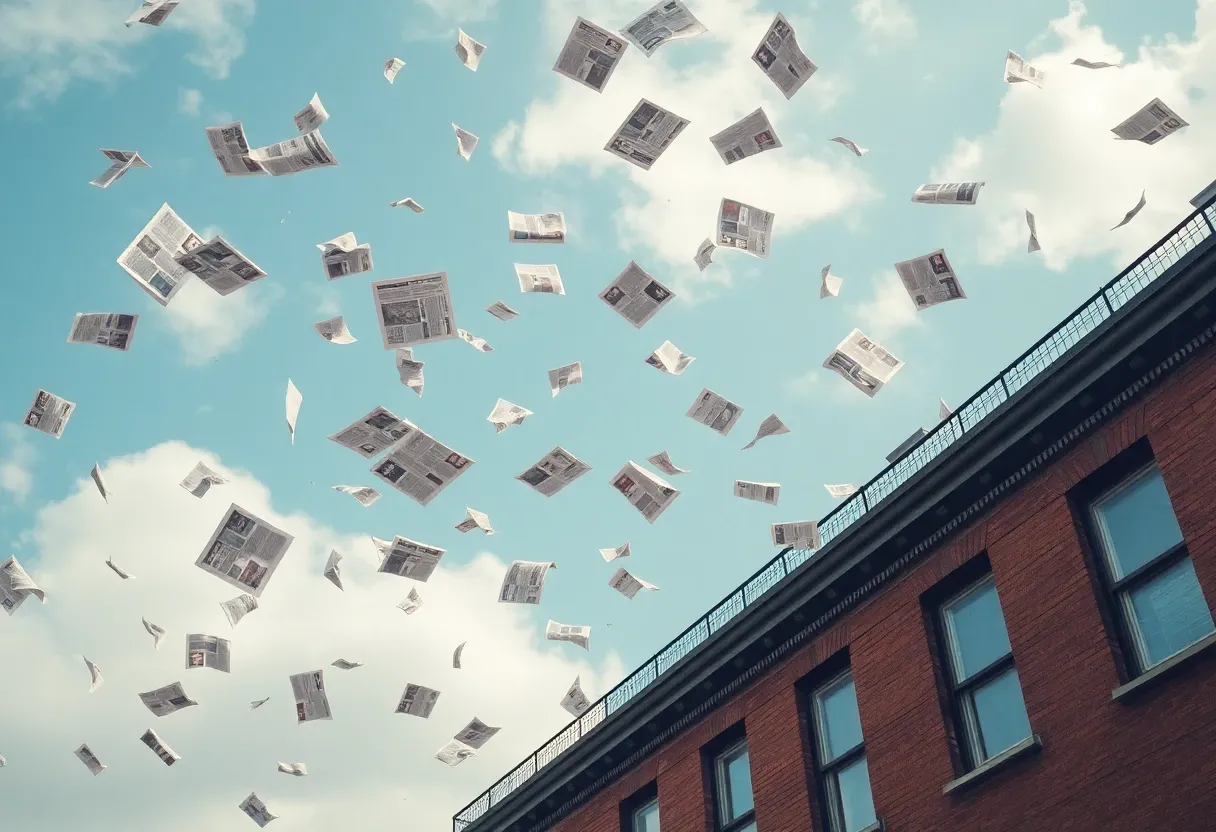 newspapers falling from the sky