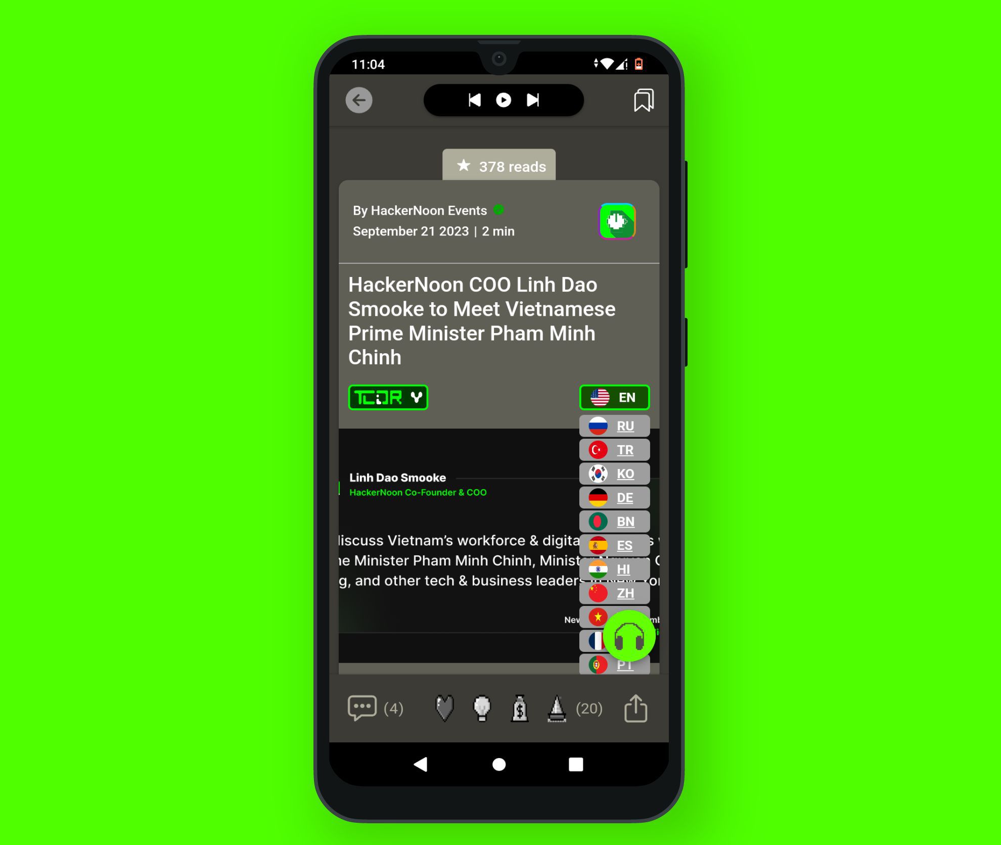 Translation feature in action on HackerNoon Mobile App