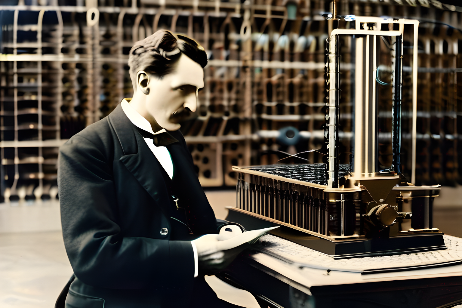 nikolai tesla inventing a machine