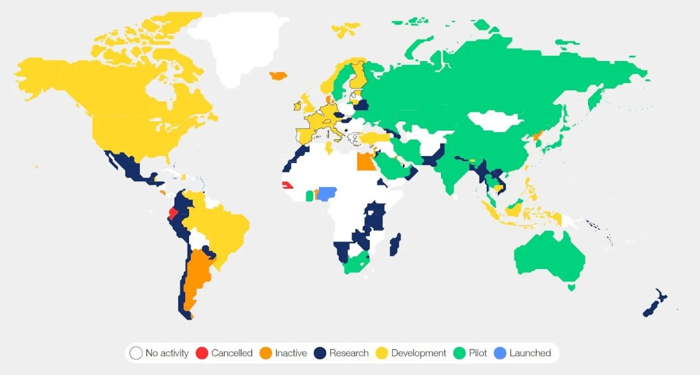 The map of CBDC projects by status (Launched, Pilot, Research, Development, Cancelled, Inactive). Source: WEF. Central Bank Digital Currency Global Interoperability Principles