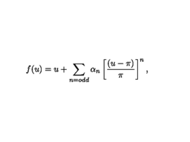  f ( u ) = u + \sum _ { n = o d d } \alpha _ { n } \left[ \frac { ( u - \pi ) } { \pi } \right] ^ { n } ,Generated Caption using AnyModal/LaTeX-OCR-Llama-3.2-1B: f ( u ) = u + \sum _ { n = o o d } \alpha _ { n } \left[ \frac { ( u - \pi ) ^ { n } } { \pi } \right],