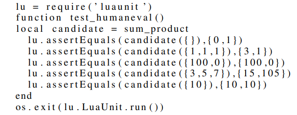 Listing 2: The unit tests from the HumanEval task: HumanEval_8_sum_product