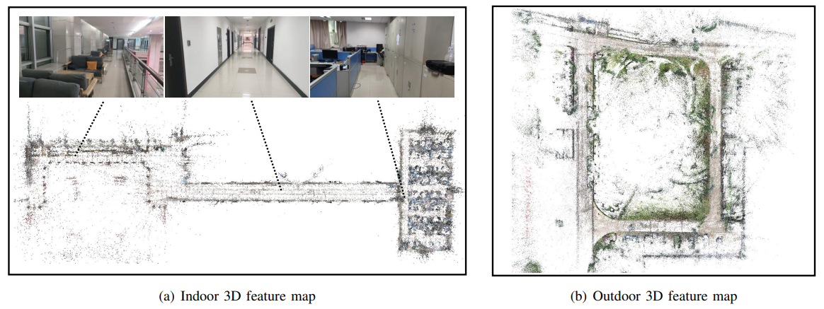 Fig. 4. The reconstruction results of 3D feature map with SuperPoint features. (a) Indoor experimental environment map. (b) Outdoor experimental environment map.