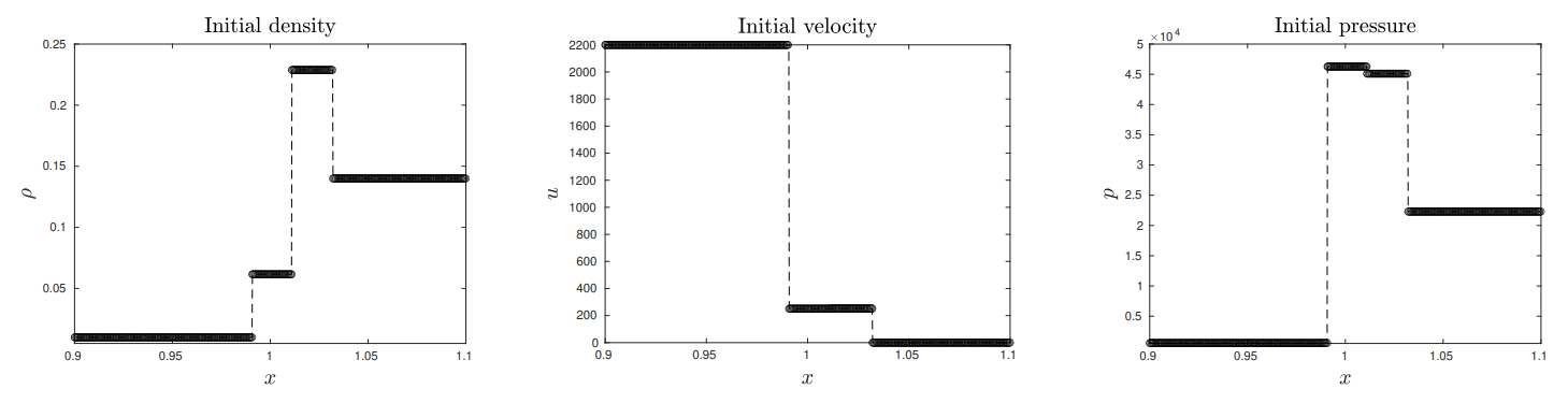 Figure 16: Experiment 9. Initial data (Left) Density. (Middle) Velocity (Right) Pressure.
