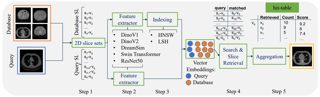 Figure 1: Overview of a retrieval system based on Khun Jush et al. [2023]: Step 1: 2D slices are extracted from the 3D volumes. Step 2: Feature extractors are used to extract the embeddings from the database slices and query volumes. Step 3: Database embeddings are indexed using HNSW or LSH indexing. Step 4: Search and slice retrieval is performed, and a hit-table is saved (the hit-table shows the occurrence of volume-ids per each query volume or region saved along with the sum of its total score). Step 5: The results from slice retrieval are aggregated to retrieve the final volume.