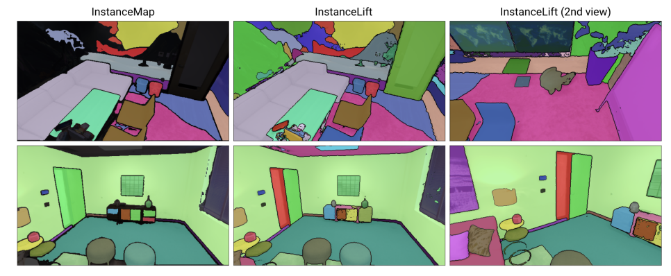 Fig. 5: InstanceLift is able to fill in labels missed by InstanceMap as well as correct ambiguities. Here we show comparisons between them for office0 and room0 from Replica-vMap.