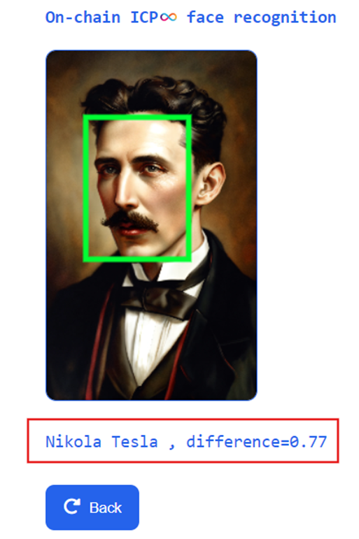 Figure 7. AI generated face of Nikola Tesla has been detected by dApp with just 0.77 difference