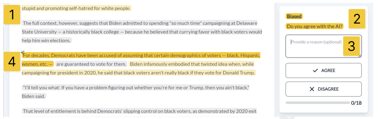 Figure 4: The classifier shows the highlights in yellow (biased) and grey (not biased) on NewsUnfold. The feedback module on the right allows readers to agree or disagree and leave optional feedback. The Sparkles draw attention to controversial sentences or sentences that need more feedback. Table 2 explains the elements with yellow numbers.