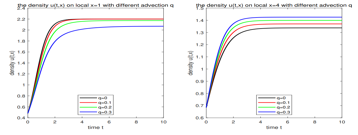 Fig. 5. The species density of u with different q at location x = 1, 4