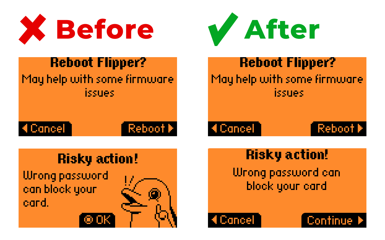 Example of a consistent template for confirmation windows