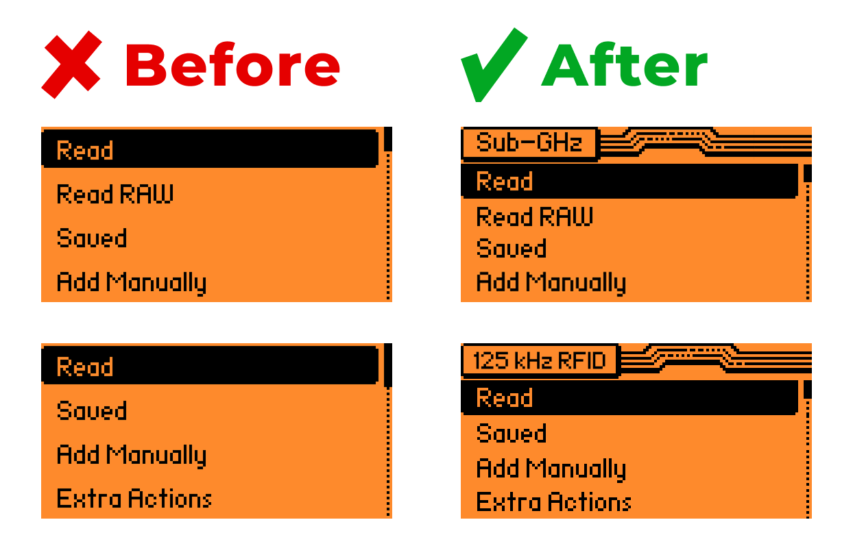 Example of headers in the Sub-GHz and 125 kHz RFID object menus