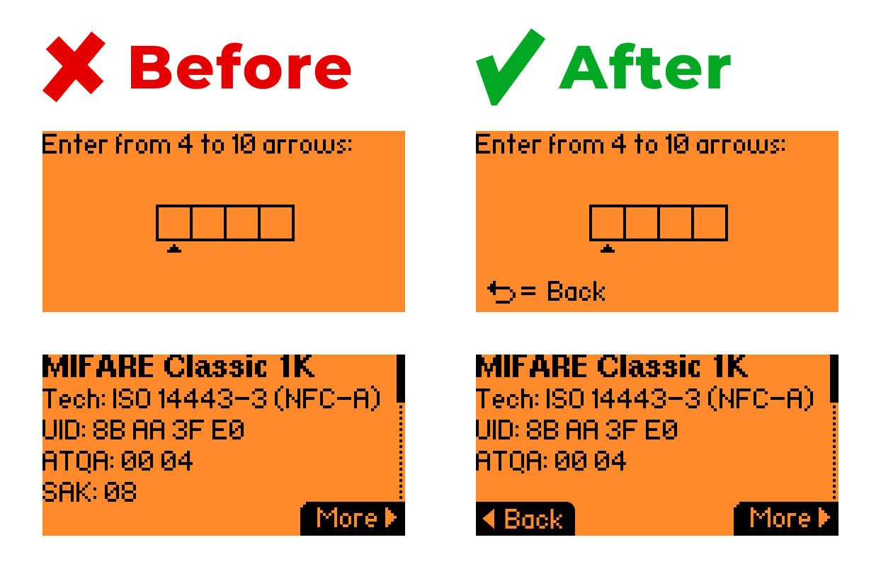 Examples of PIN setup and Mifare Classic 1K info screens with a visible “Back” button