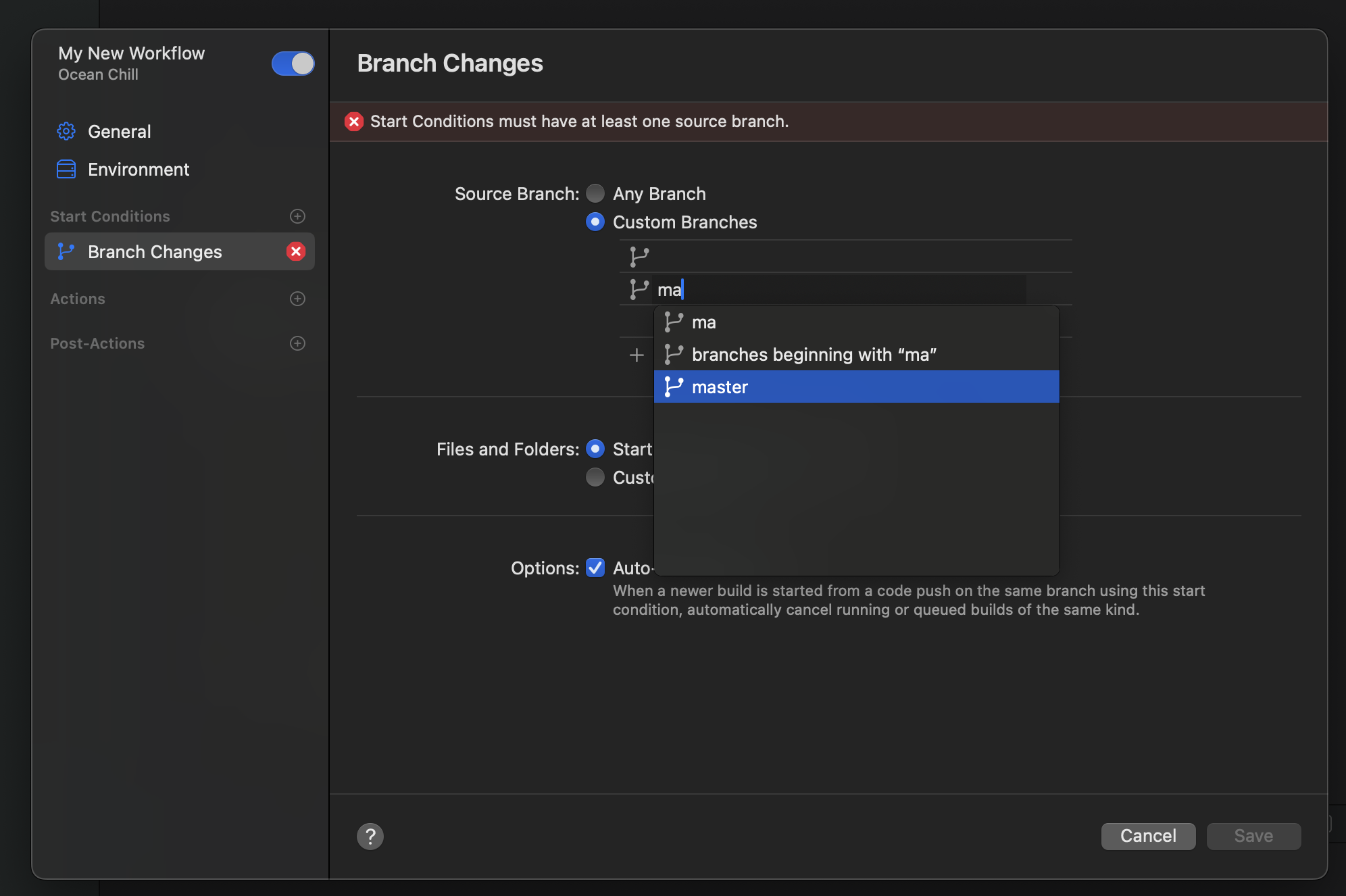 Workflow Custom Branch