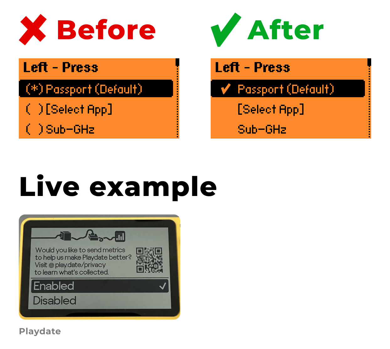 Example of a familiar checkmark icon for a selected option in Flipper Zero and Playdate menus