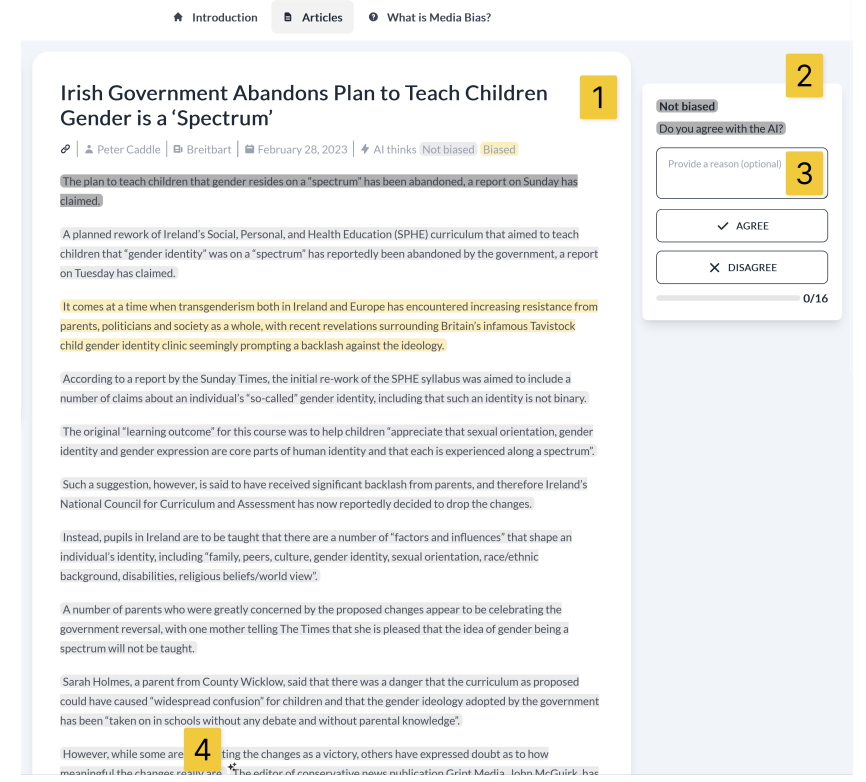 Figure 15: NewsUnfold Article View. Table 2 explains the elements with yellow numbers.