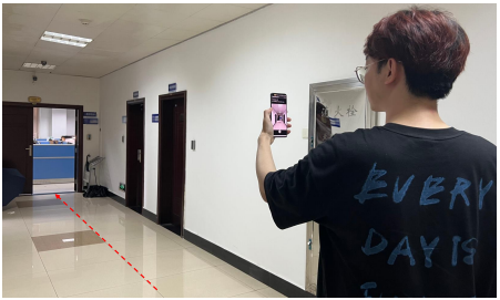 Fig. 5. The process of indoor experiment. The volunteer walked along a preset route (red line) with holding a smartphone (Xiaomi 10).