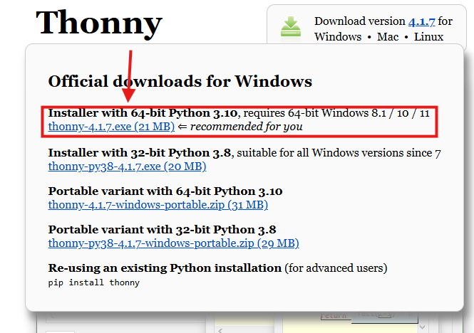 Link to install the Thonny IDE for windows only