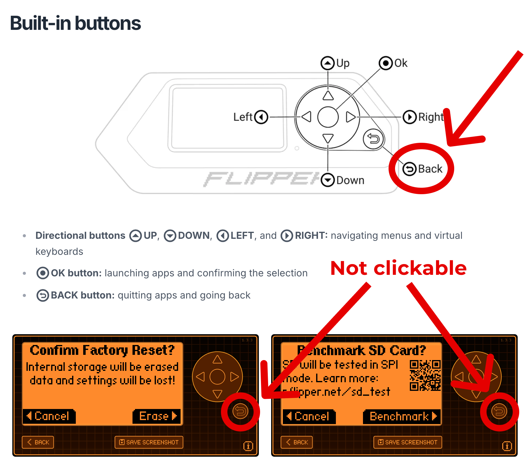 Example of inconsistency with documentation regarding the round Back button — it doesn’t work in confirmation windows in Settings → Storage