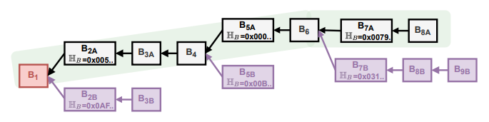 Fig. 3: The strongest-chain fork-choice rule with the main chain depicted in green and orphaned blocks in purple.