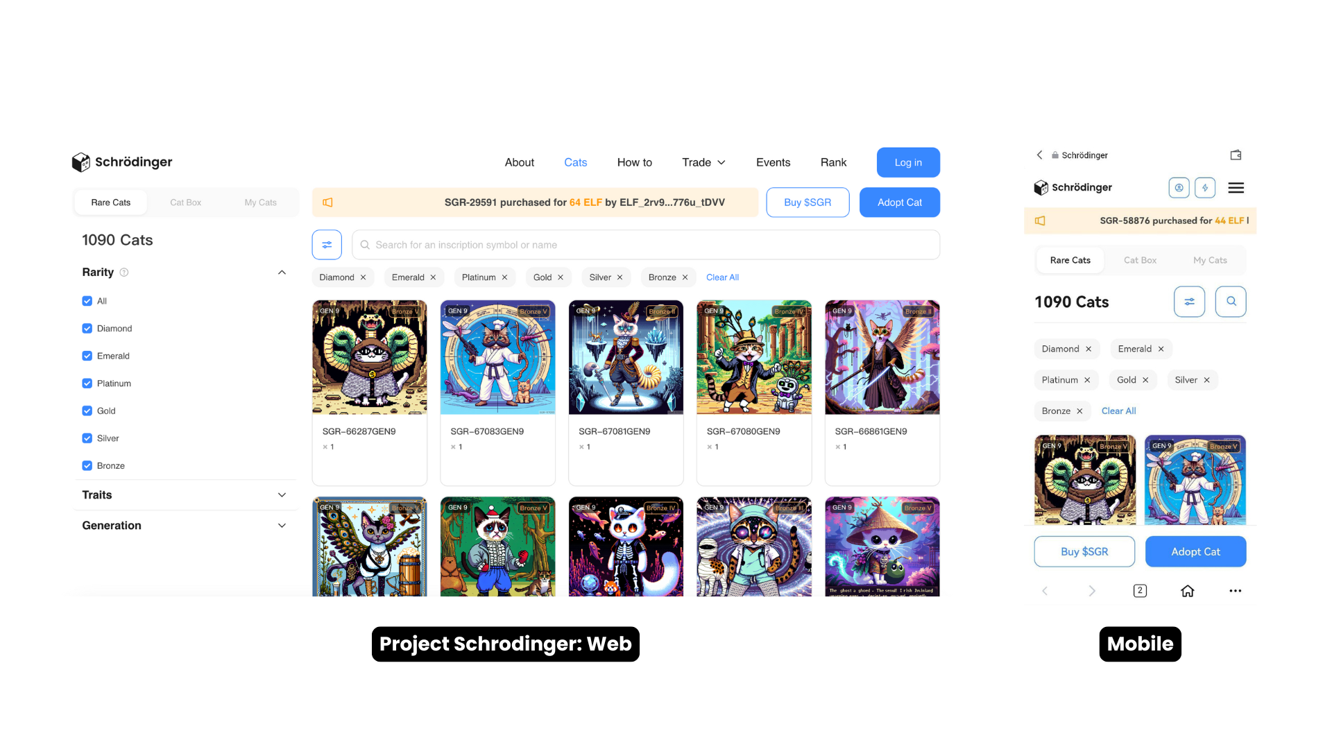 Project Schrodinger, an AI NFT platform that has users adopting digital cats for trades, showcases consistency in experience and UI elements across device types