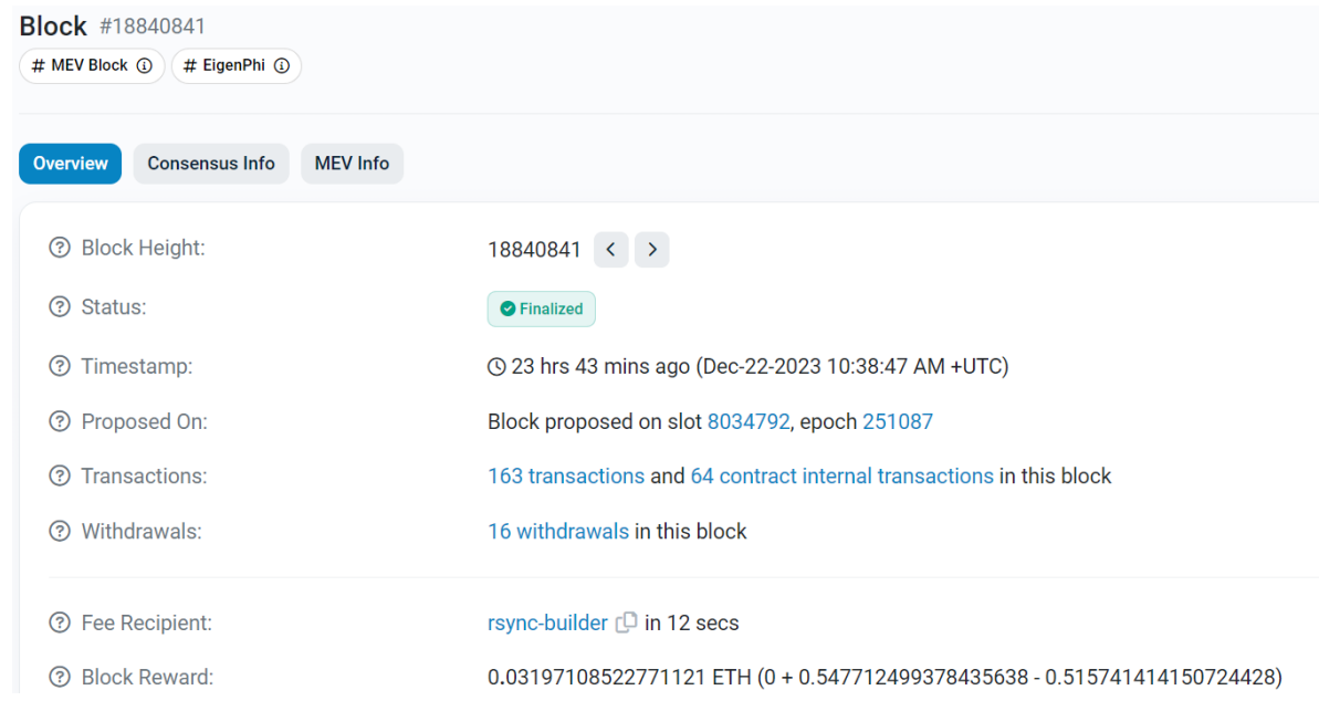 Fig. 52 Reward in Ethereum Block No. 18840841 accrued to rsync-builder.eth