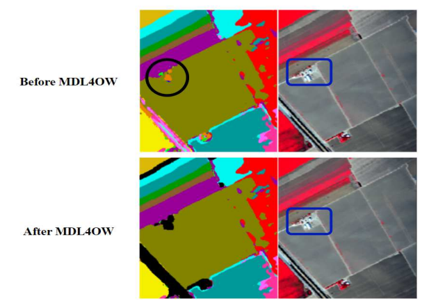 Fig. 7 Illustration of how the MDL4OW can help to identify unknown semantic labels (The road highlighted in black and the house enclosed in the dark blue border) that the training network has not being exposed to beforehand. Any label that the network has not learned during training would be highlighted in black in the MDL4OW scheme (Top), as compared to without it, where the house is labelled in orange (enclosed by black circle). This may cause confusion as it may be misinterpreted as other classes (Bottom). Image is from the Salinas Valley dataset.