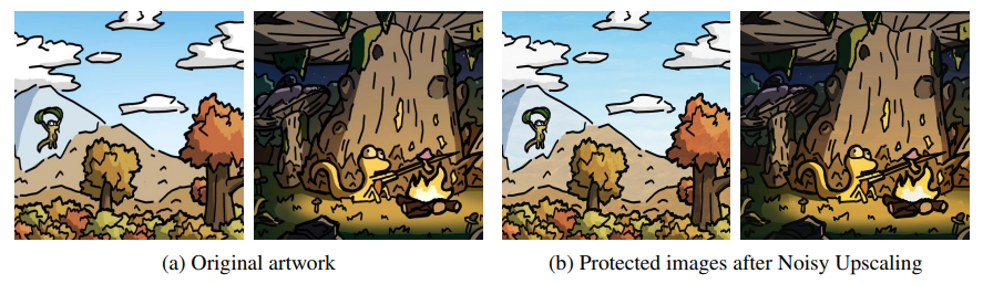 Figure 25: Original artwork from @nulevoy and the resulting images after applying Noisy Upscaling to artwork protected with Mist v2. See protected images in Figure 23.