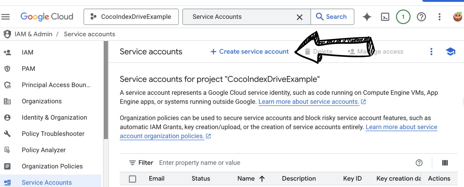 Create service account