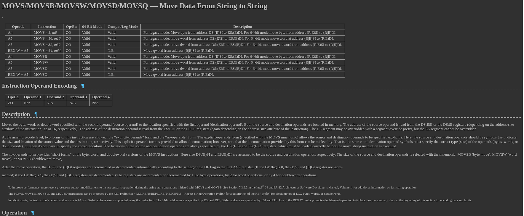 MOVS's instruction reference