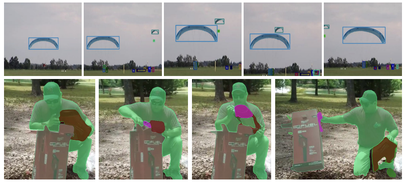 Fig. 3: Example from the BURST validation data. The masks are superimposed on the objects. The top-row shows examples of parachutes in the air and people on the grass. The parachutes belong to the uncommon object category, i.e., parachutes were never seen during training. Our approach is able to detect and retain the identity of the blue and the green parachutes as the green crosses the blue parachute. The bottom row shows a person unboxing a leaf blower. The carton of the leaf blower (gray mask), the leaf blower (maroon mask) and the plastic wrapper (pink mask) are never seen during training. We are able to consistently detect and track them along with the person (common object category during training).