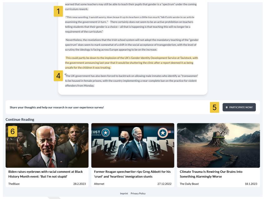 Figure 16: Screenshot of recommended articles and button to the UX survey. Table 2 explains the elements with yellow numbers.
