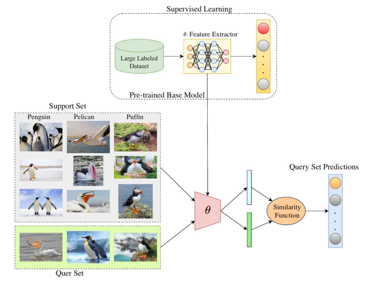 Fig. 3 Schematic of the few-shot learning approach, including pre-training a base model on ample data, constructing task episodes with support and query sets for new classes, finetuning the base model on the support set, and evaluating on the query set.