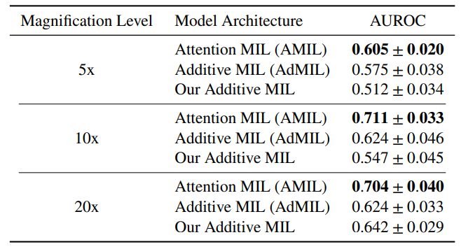 Table 2: Models’ Performance for the gene mutation detection task for the three magnification levels explored (5x, 10x and 20x). After fine-tuning, we performed the external validation on the test set five times for each model and calculated the average AUC of those five runs. The AMIL architecture always obtained the best performance. In general, the models obtained a better performance for higher magnification levels, with our version of AdMIL obtaining a better performance than the original at magnification level 20x.