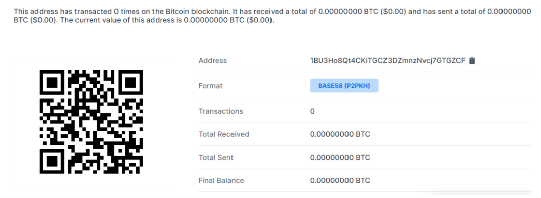 Fig. 8. The newly created Bitcoin address displaying zero BTC amount on Bitcoin Blockchain
