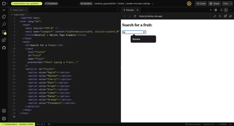 Example of the datalist and option tags