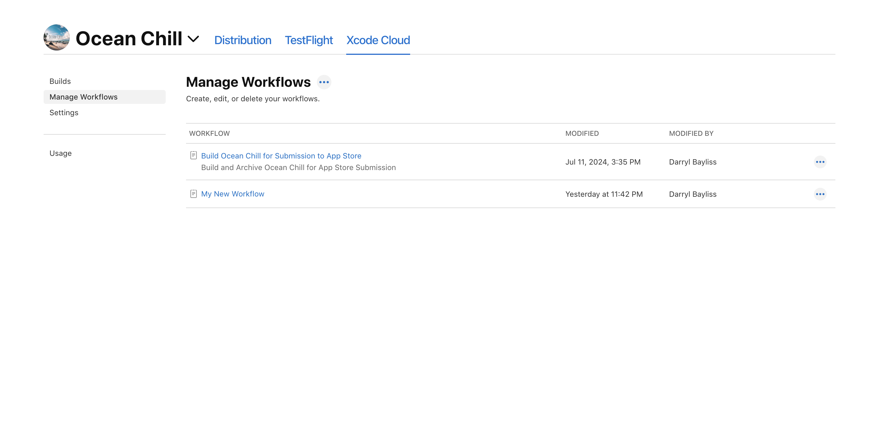 Workflows Screen On App Store Connect