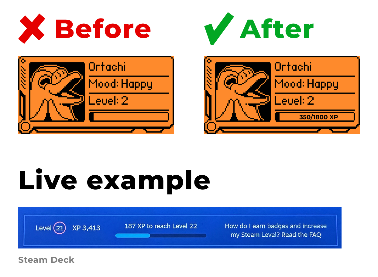 Example of a progress bar with concrete values for user level in Flipper Zero and Steam Deck